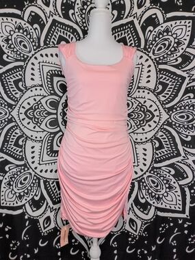 Ruched Light Pink Mini Dress with Square Neck